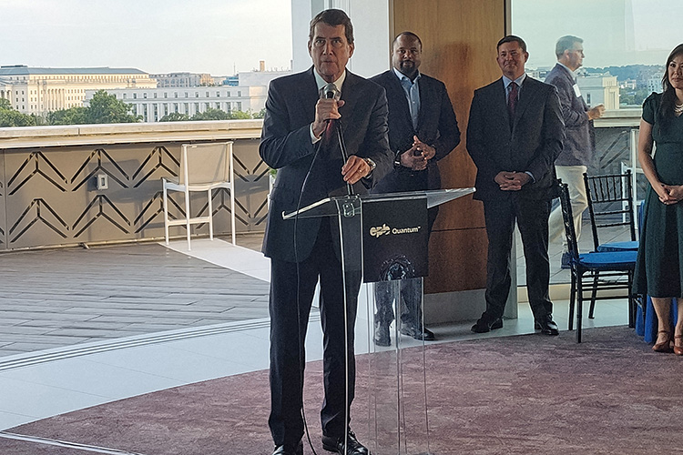 U.S. Sen. Bill Hagerty of Tennessee speaks at a reception titled “Tennessee: America’s Next Quantum Technology Hub,” held in mid-September in Washington, D.C. Attending the reception representing Middle Tennessee State University were Greg Van Patten, dean of Basic and Applied Sciences, and Hanna Terletska, director of MTSU’s Quantum Science Initiative. Also attending from Tennessee’s Congressional delegation were Congressman Chuck Fleischmann and U.S. Sen. Marsha Blackburn. (Submitted photo)