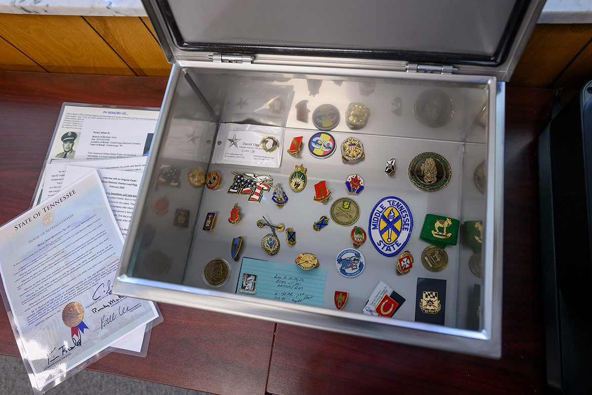 A collection of memorabilia is part of a time capsule that will be placed into the ground as part of the 75th anniversary for the Middle Tennessee State University Military Science ROTC program, starting at 11 a.m. Thursday, April 10, at the MTSU Veterans Memorial site outside the Tom H. Jackson Building, 628 Alma Mater Drive. A time capsule from the ROTC Class of 2005 will be dug up on April 9 and shown to attendees during the ceremony. (MTSU photo by J. Intintoli)