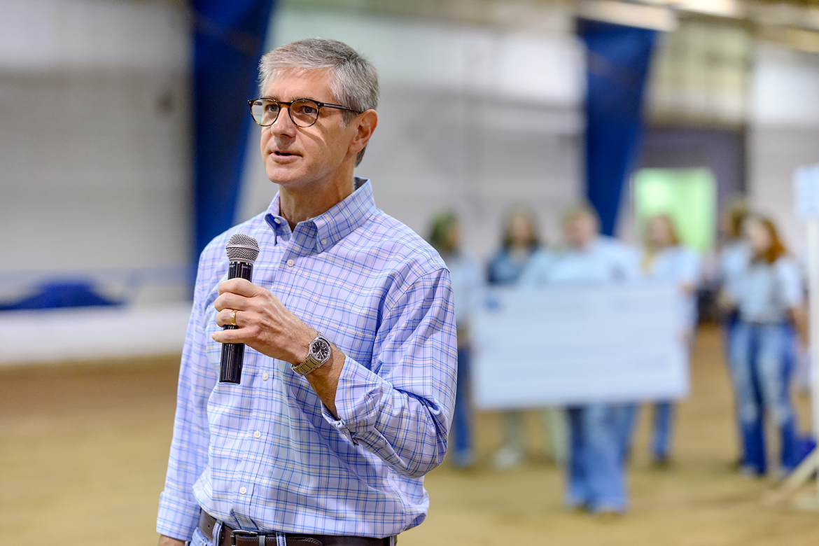 MTSU College of Basic and Applied Sciences Dean Greg Van Patten welcomes high school students attending the recent School of Agriculture Raider Roundup, hosted by the Collegiate FFA and sponsored by MT Engage. Van Patten told them that if they were considering college, “there’s no better place to do it than right here at MTSU” and consider agriculture, Data Science, Math, Concrete and Construction Management and STEM careers, where “you can make a great living at it, and you can have a big, positive impact on the world around you doing it.” (MTSU photo by J. Intintoli)