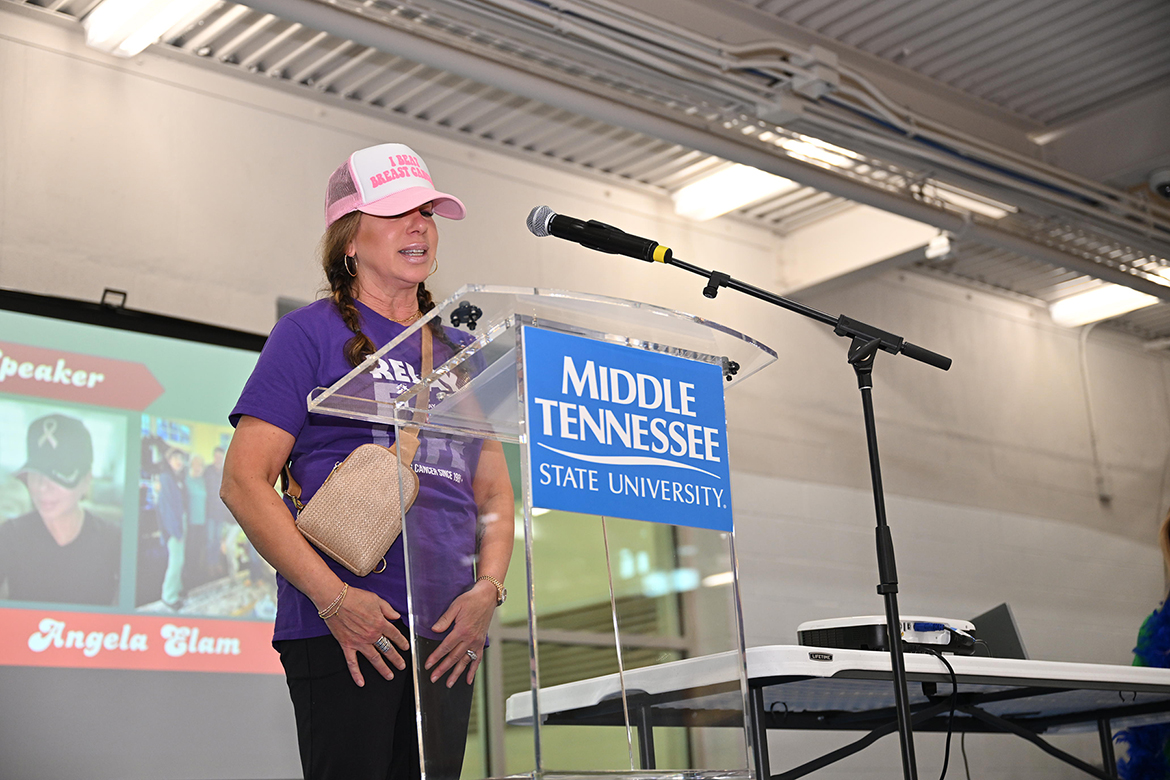 Guest speaker and cancer survivor Angela Elam of Franklin, Tenn., shares about her experiences with cancer since 2013 during the annual Middle Tennessee State University Relay for Life event Friday, March 28, in the Campus Recreation Center in Murfreesboro, Tenn. (MTSU photo by James Cessna)