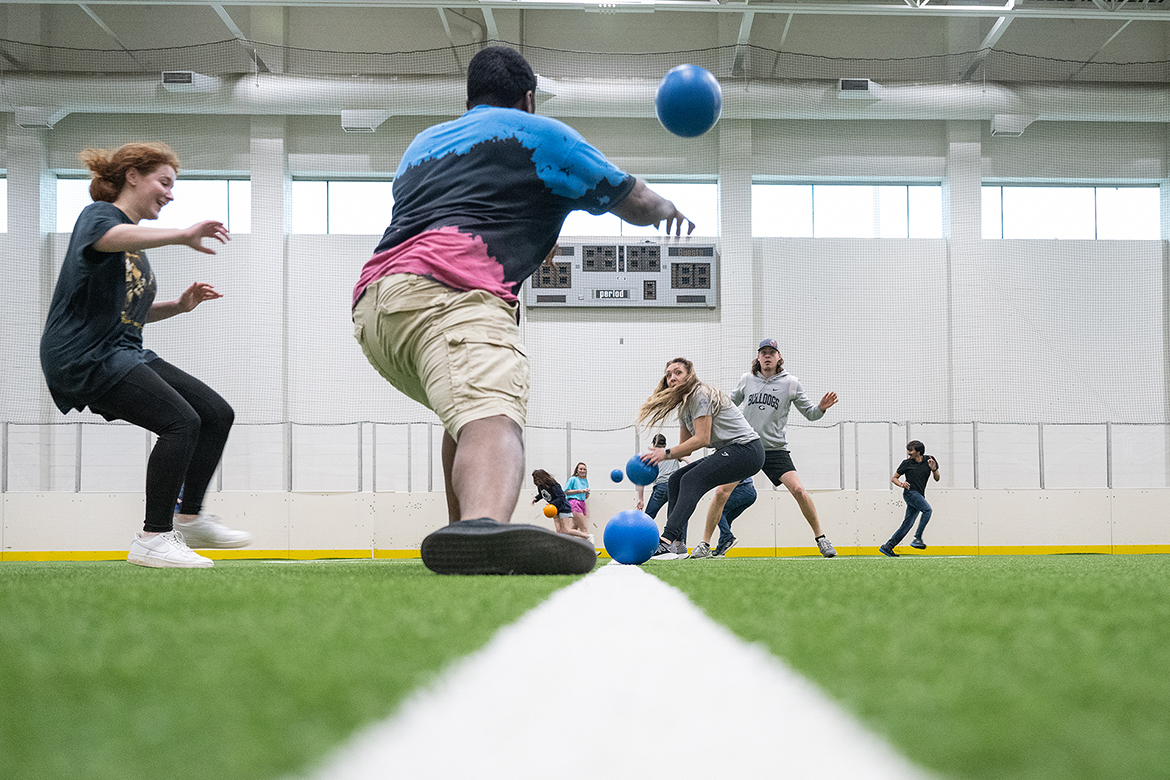 Middle Tennessee State University students play dodgeball, one of the many activities that were a part of the annual MTSU Relay for Life Friday, March 24, in the Health, Wellness and Recreation Center. The event was a fundraiser for cancer research and support for cancer patients. (MTSU photo by Cat Curtis Murphy)