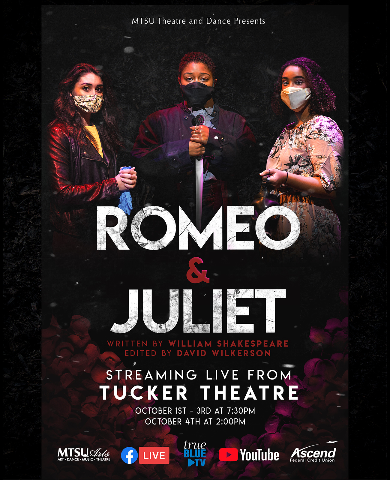 MTSU Theatre performers are ready for the university's Oct. 1-4 production of William Shakespeare's "Romeo and Juliet," which will air live at MTSU.edu/live, the True Blue TV channel and the MTSU and MTSU Theatre Facebook Live sites. Cast members shown from left are MTSU senior Alexa Pulley of Cunningham, Tenn., who portrays Romeo; sophomore Zoe Jones of Antioch, Tenn., who portrays Friar Laurence; and senior Katlyn Marion of Murfreesboro, who portrays Juliet. (MTSU Theatre poster)