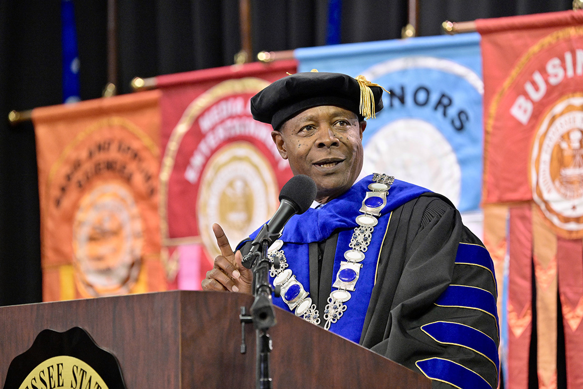 Middle Tennessee State University President Sidney A. McPhee congratulates the 722 newest Blue Raider alumni during the summer 2025 commencement ceremony held Saturday, Aug. 9, inside Murphy Center on campus in Murfreesboro, Tenn. (MTSU photo by Andy Heidt)
