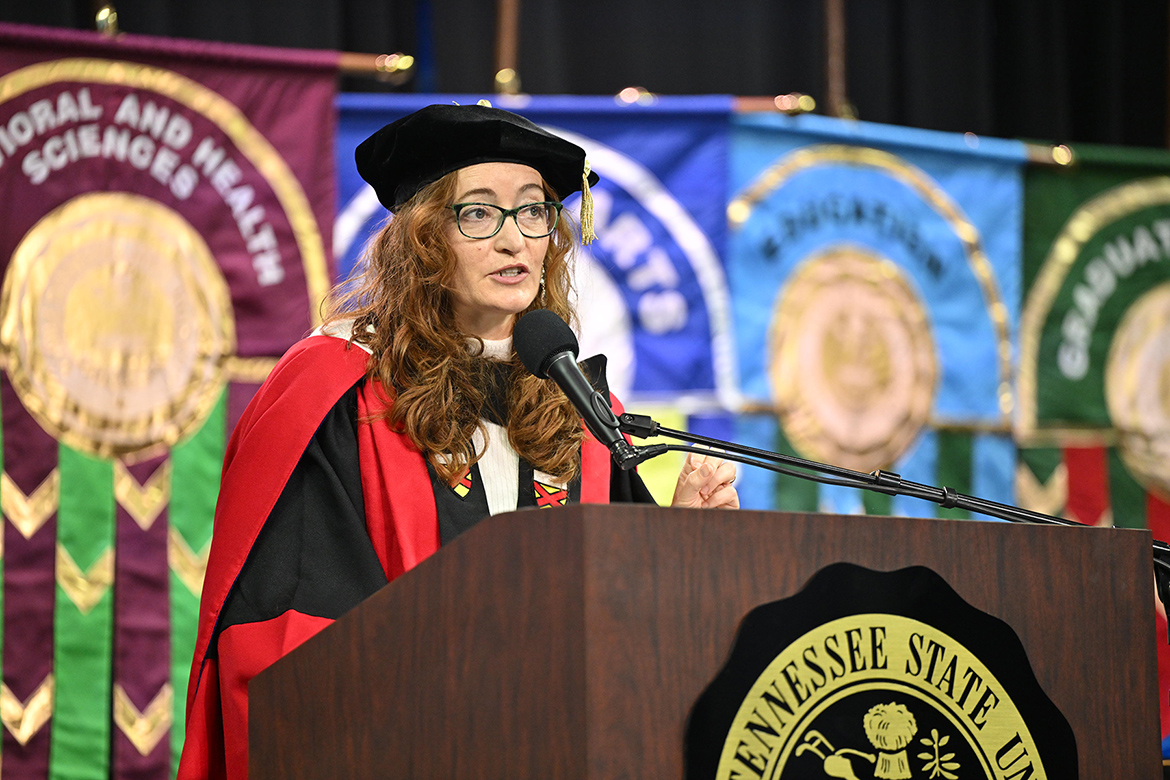 Suzanne Sutherland, history professor and immediate past president of the Faculty Senate at Middle Tennessee State University, encourages graduates to “keep learning” during her keynote remarks at the summer 2025 commencement ceremony held Saturday, Aug. 9, inside Murphy Center on campus in Murfreesboro, Tenn. (MTSU photo by James Cessna)