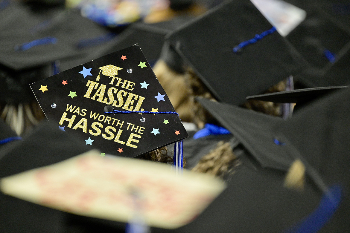 A Middle Tennessee State University graduate displays a message of achievement on their mortarboard at the summer 2025 commencement ceremony held Saturday, Aug. 9, inside Murphy Center on campus in Murfreesboro, Tenn. (MTSU photo by Andy Heidt)