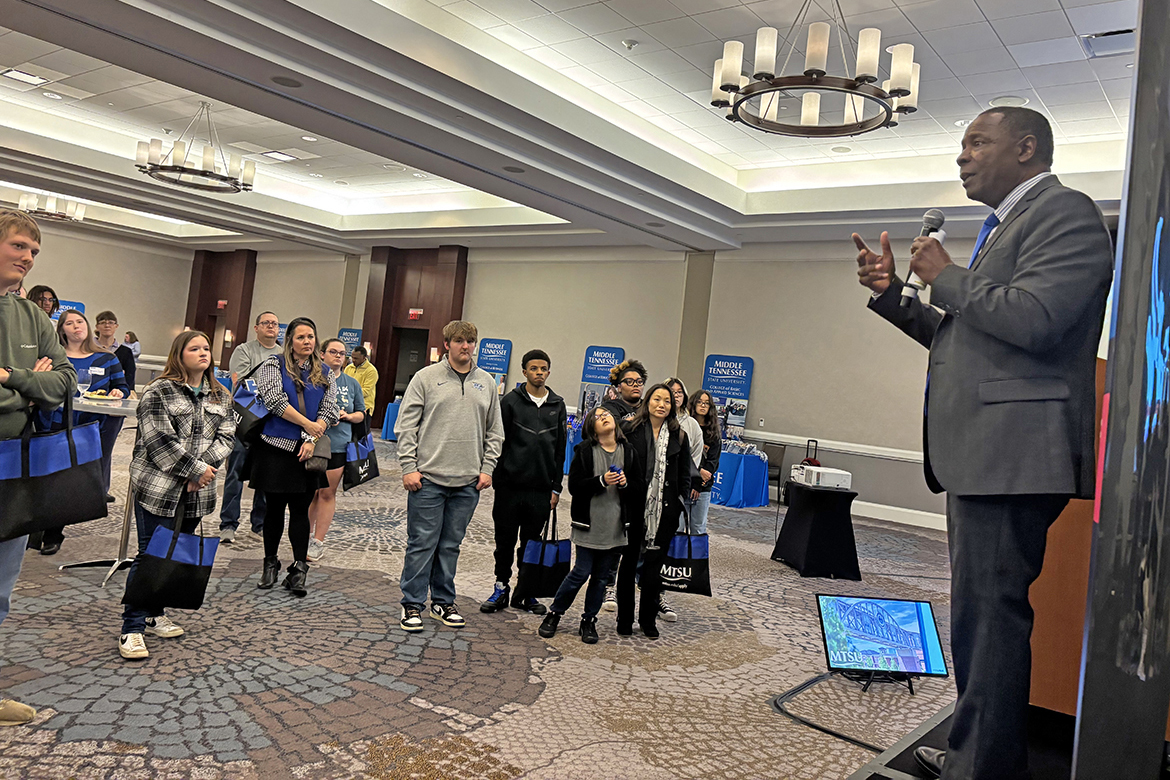 Middle Tennessee State University President Sidney A. McPhee addresses the audience attending the recent MTSU True Blue Tour recruiting event at the Westin Hotel in Huntsville, Ala. He shared information about the numerous opportunities available to students at the Murfreesboro, Tenn., university. (MTSU photo by Randy Weiler)