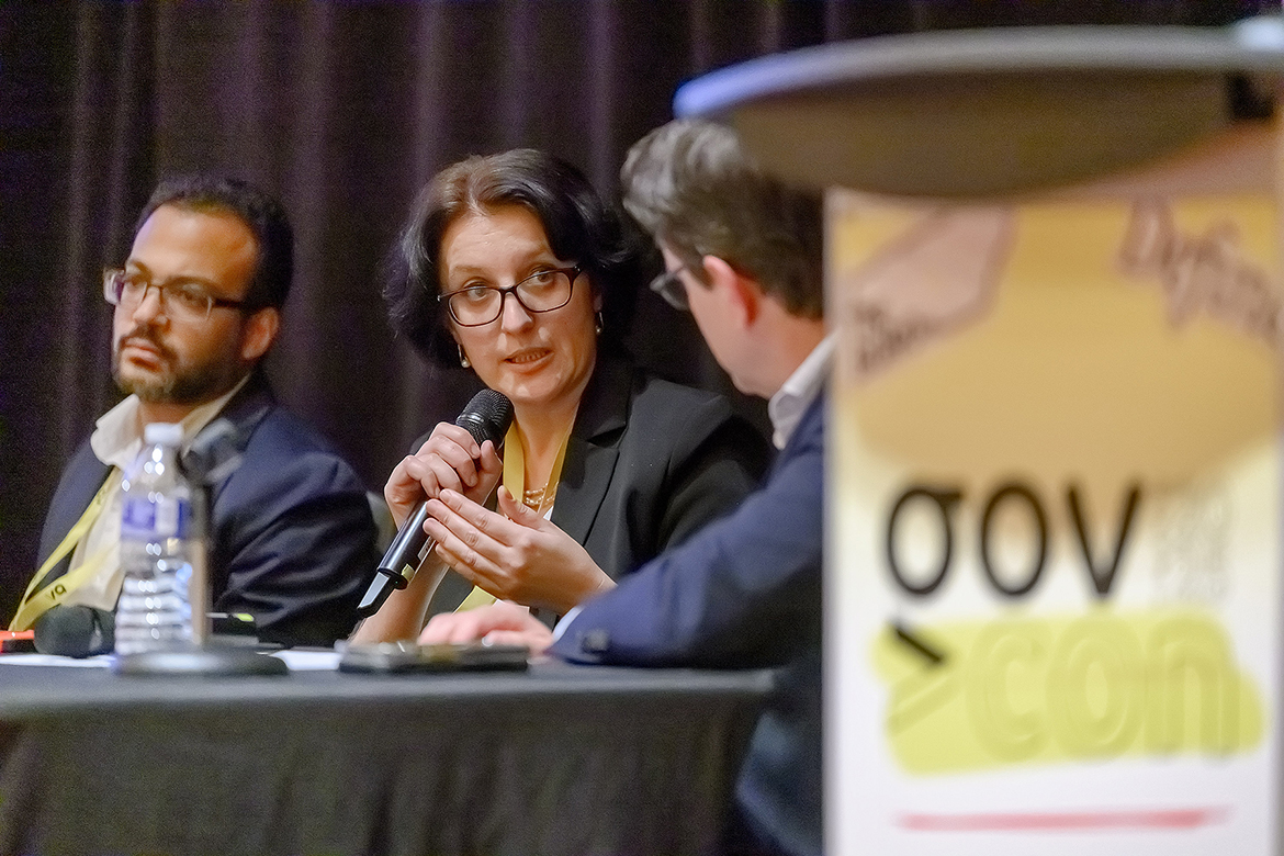 Hanna Terletska, center, director of the Quantum Research Interdisciplinary Science and Education Center at Middle Tennessee State University, answers a question regarding challenges she’s facing with quantum and workforce development posed by panel moderator Nathan Buttrey with the Tennessee Department of Economic and Community Development’s Office of Innovation, on Nov. 4 during the “Research in Action: Partnering with Industry for Economic Growth” panel discussion at the annual Governor’s 2025 Conference at the Embassy Suites by Hilton in Murfreesboro, Tenn. Muhammad Ismail, left, director of the Cybersecurity Education, Research and Outreach Center at Tennessee Tech University, listens to her response. (MTSU photo by Andy Heidt)