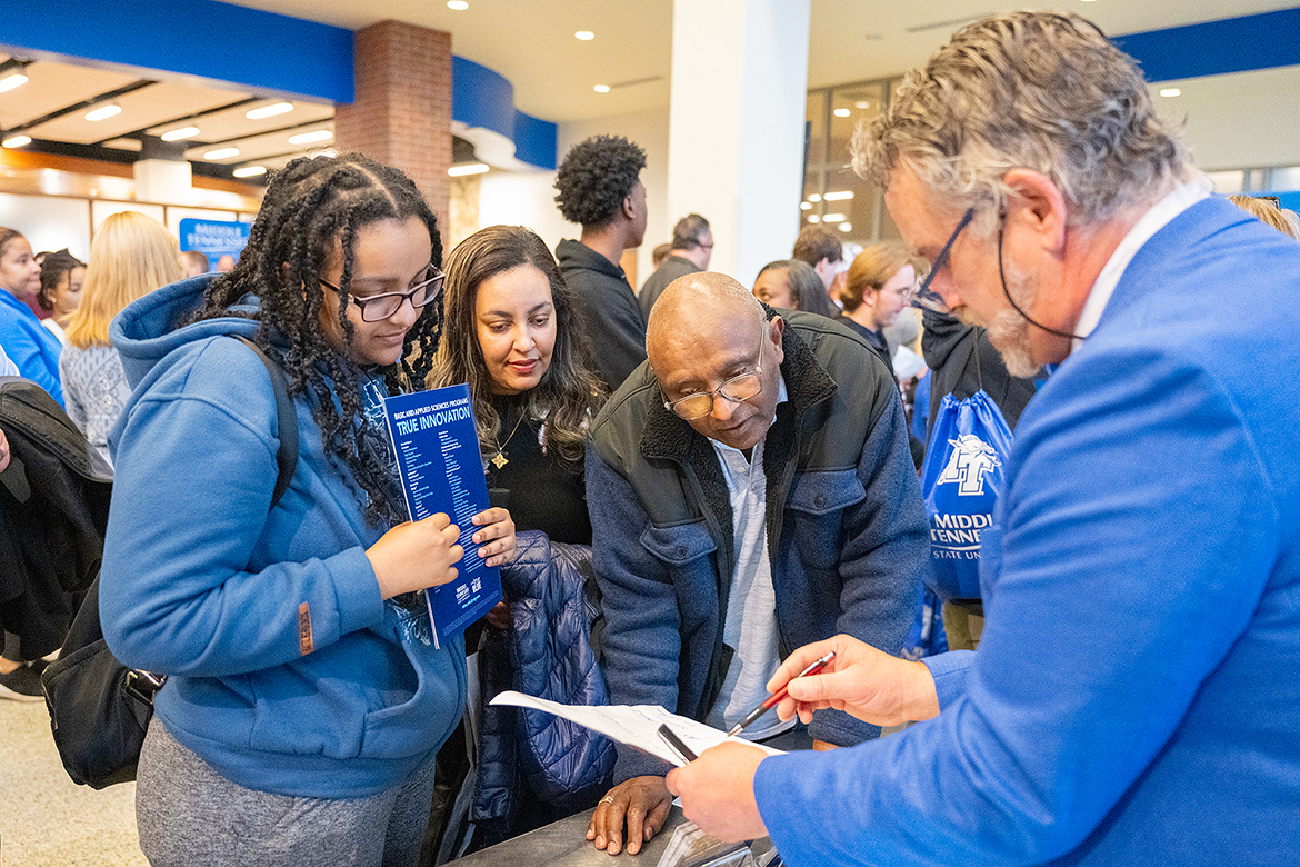 While the Middle Tennessee State University campus is quiet during winter break, students will return Tuesday, Jan. 21, for spring semester and the first of two True Blue Preview days will take place Saturday, Feb. 8, in the Student Union. A prospective students and her family learn more about what MTSU has to offer at a previous preview day.  (MTSU file photo by Cat Curtis Murphy)
