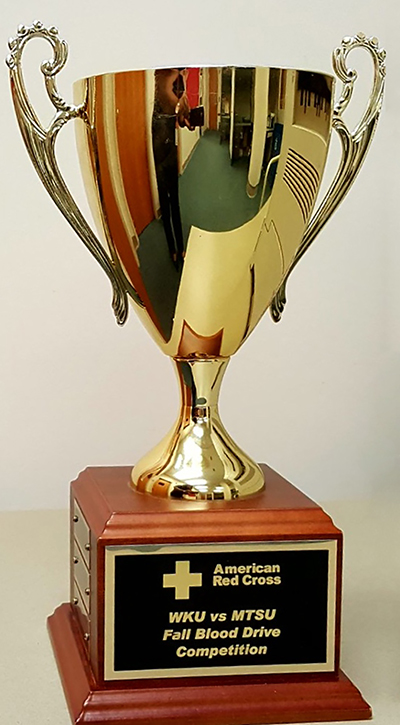 The Fall Blood Drive Competition trophy is once again at home at MTSU after the university's supporters donated 603 pints of whole blood Oct. 29-31 to win the competition with Western Kentucky for the sixth time since 2010. (MTSU file photo by News and Media Relations)