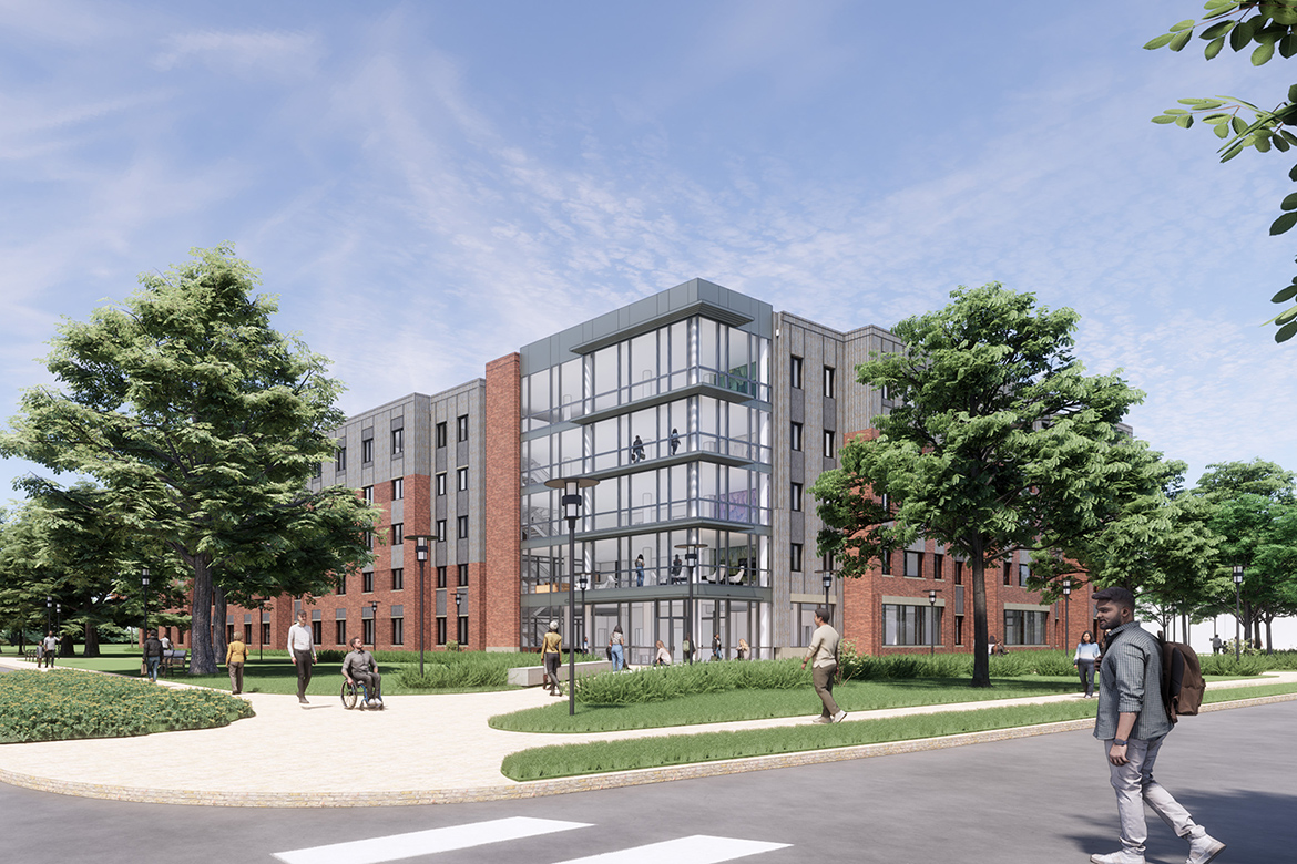 This artist rendering shows the exterior of a planned 554-bed Womack Commons student housing complex to be built on the southeast edge of campus to replace the nearly 50-year-old Womack Lane Apartments. The public-private partnership, with MTSU controlling the complex, would include entry and floor lounges, community kitchen, laundry room, private and small group study spaces, landscaped courtyard, and MTSU residence life offices. (Courtesy of The Annex Group)