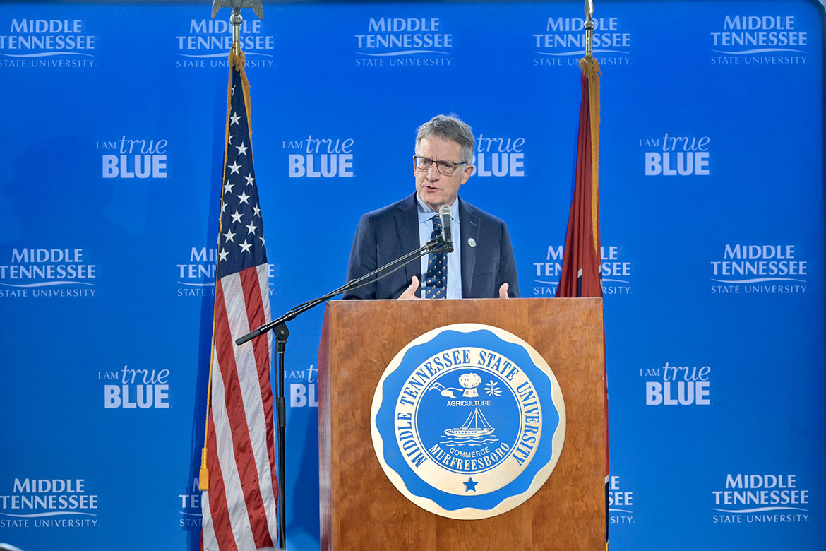 Middle Tennessee State University Provost Mark Byrnes addresses a crowd of over 100 who braved near freezing weather on Wednesday, Dec. 3, during the groundbreaking ceremony for the new $73.4 million, state-of-the-art MTSU Aerospace facility that will be located at the Shelbyville Municipal Airport in Shelbyville, Tenn. (MTSU photo by Andy Heidt)