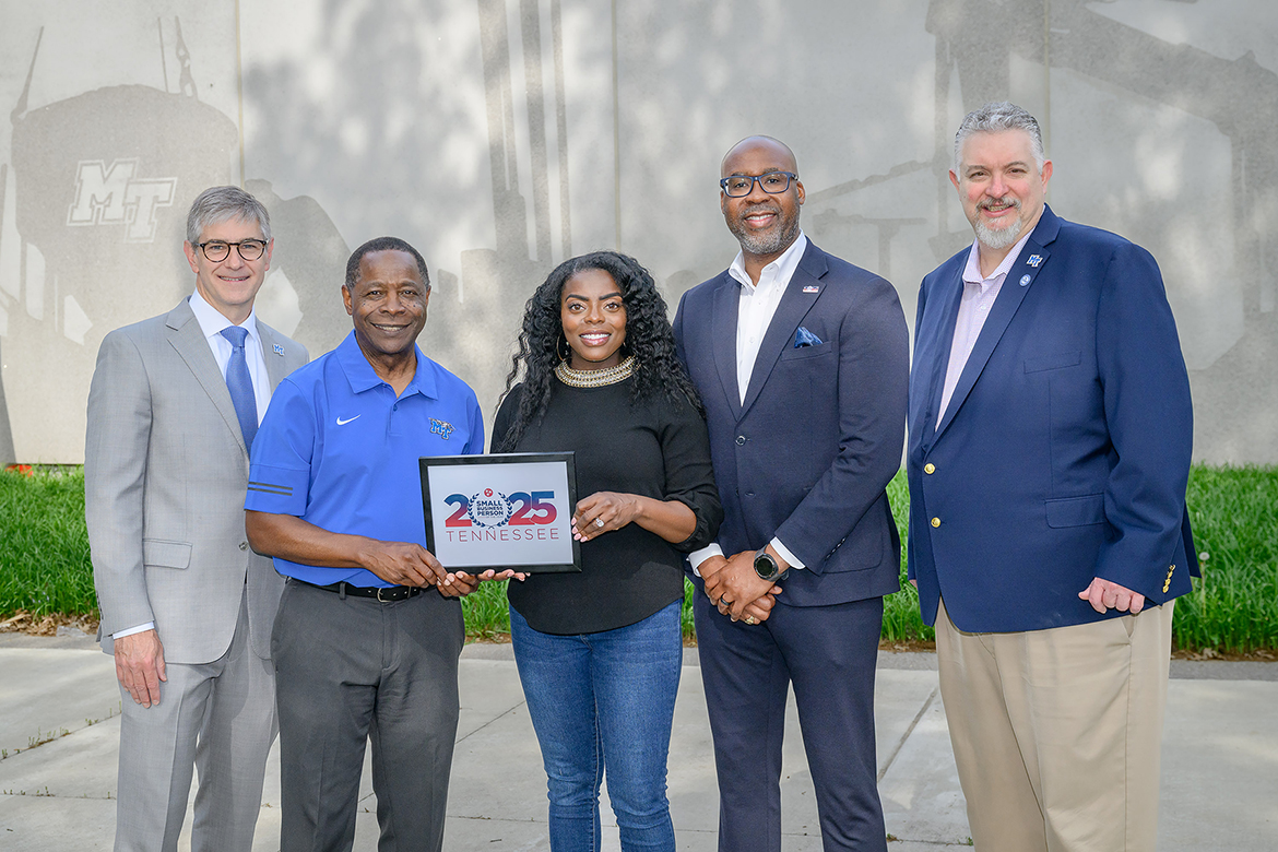 Celebrating Middle Tennessee State University alumnus Reggie Polk’s recognition as Tennessee Small Business Administration’s Person of the Year for 2025 are, from left, MTSU College of Basic and Applied Sciences Dean Greg Van Patten, President Sidney A. McPhee, Tanora and Reggie Polk, and Tom Nicholas, director of the School of Concrete and Construction Management, on Friday, May 2, outside the Concrete and Construction Building on the east side of campus in Murfreesboro, Tenn. (MTSU photo by J. Intintoli) 