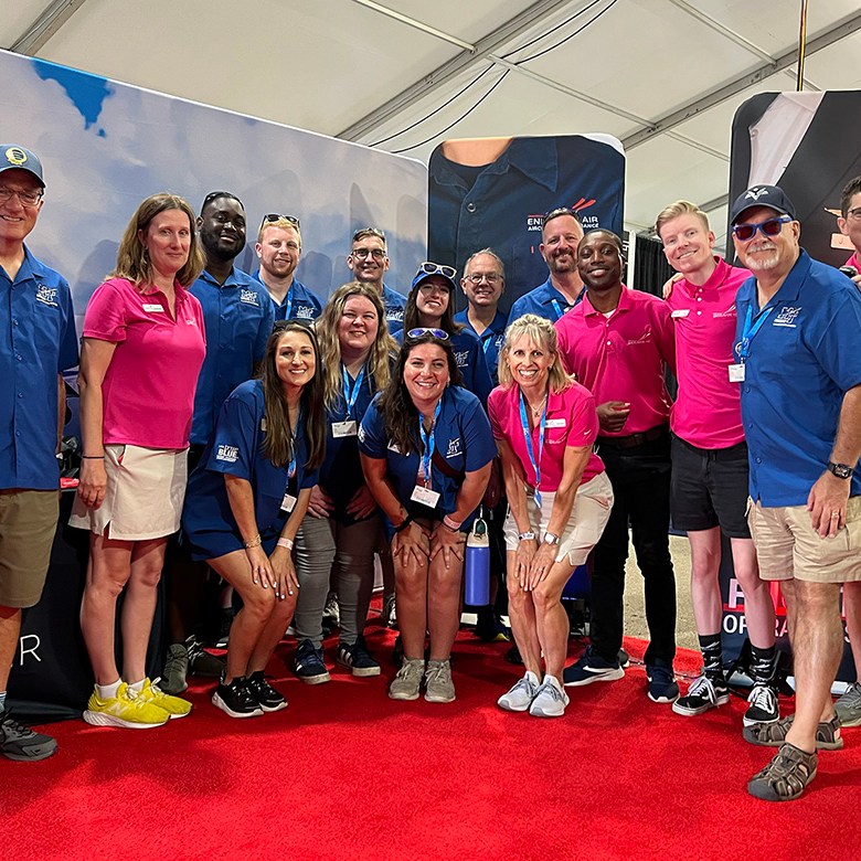 Part of the delegation representing the Aerospace Department of Middle Tennessee State University in Murfreesboro, Tenn., visit the exhibition area for Endeavor Air, the regional carrier affiliated with Delta, during the university’s attendance at the 72nd EAA AirVenture aviation showcase held July 21-27 in Oshkosh, Wisc., known as “the world’s largest gathering of aviation enthusiasts.” (MTSU photo by Andrew Oppmann)