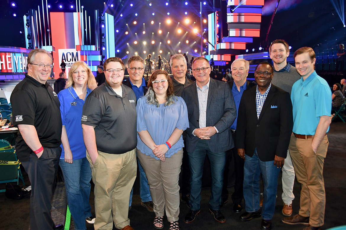 MTSU student and faculty representatives from the College of Media and Entertainment again enjoy a working trip to Las Vegas for this year’s Academy of Country Music Awards show broadcast Sunday, April 7. Pictured, from left, are Dr. Bob Gordon, media arts professor; Beverly Keel, Department of Recording Industry chair; MTSU student Ryan Tyler; Dr. Mark Byrnes, university provost; MTSU student Madison Stewart; Billy Pittard, Department of Media Arts chair; Pete Fisher, MTSU alumnus and CEO of the Academy of Country Music; Ken Paulson, College of Media and Entertainment dean; MTSU President Sidney A. McPhee; and MTSU students Austin Forsberg and Kevin Henkels. (MTSU photo by Andrew Oppmann)