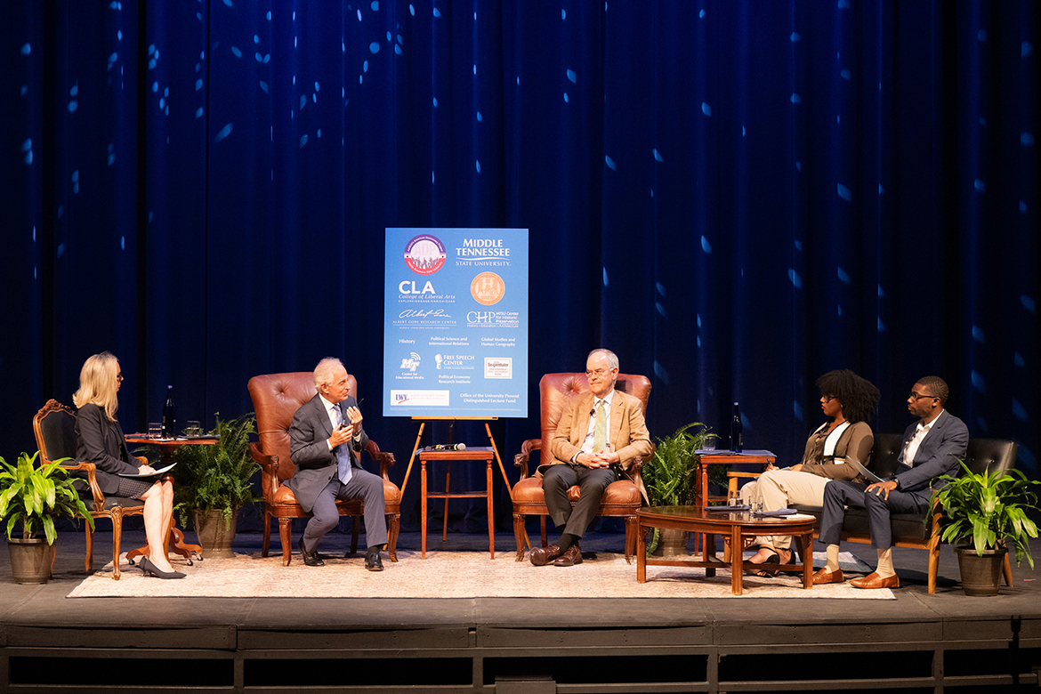 On stage at Middle Tennessee State University's annual Constitution Day event held Monday, Sept. 18, 2023, are, from left, history professor Mary Evins, far left, coordinator for MTSU's American Democracy Project, former U.S. Sen. Bob Corker, former U.S. Congressman Jim Cooper, and student moderators Alandra McMillan and Paul Singer. (MTSU photo by James Cessna)
