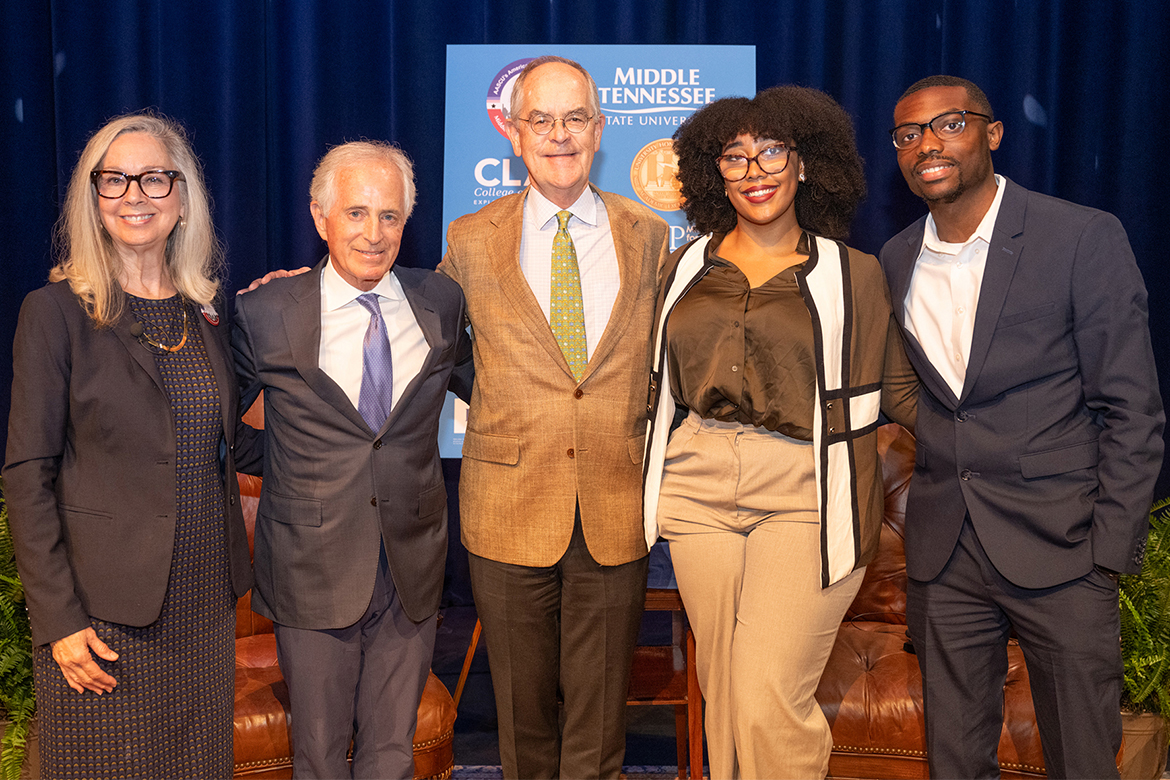 Participants of Middle Tennessee State University's annual Constitution Day keynote event held Monday, Sept. 18, 2023, in Tucker Theatre are, from left, history professor Mary Evins, coordinator for MTSU's American Democracy Project, former U.S. Sen. Bob Corker, former U.S. Congressman Jim Cooper, and student moderators Alandra McMillan and Paul Singer. (MTSU photo by James Cessna)
