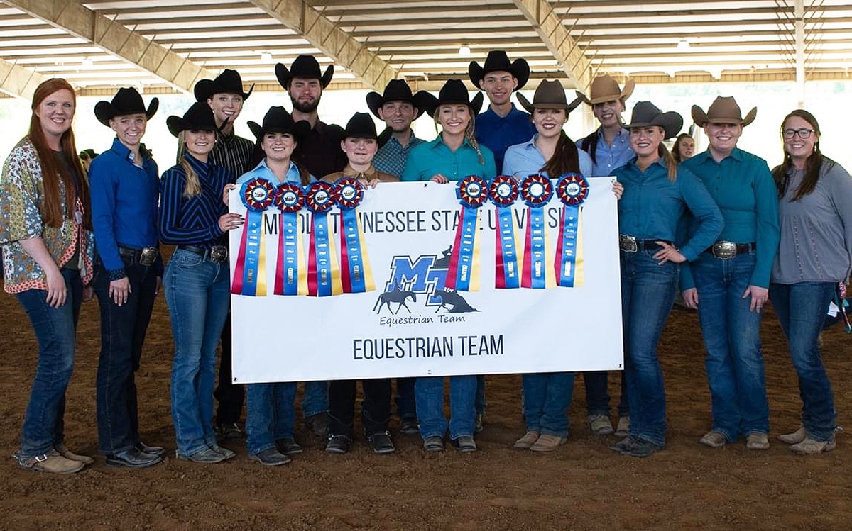MTSU equestrian team members showcase some of the ribbons they earned while winning the 2021 YEDA Western Collegiate Celebration, hosted by the Youth Equestrian Development Association recently in Cleveland, Tenn. Eleven riders earned individual awards and most of the team returns for the 2021-22 season. (Submitted photo by Dawn Nieman)
