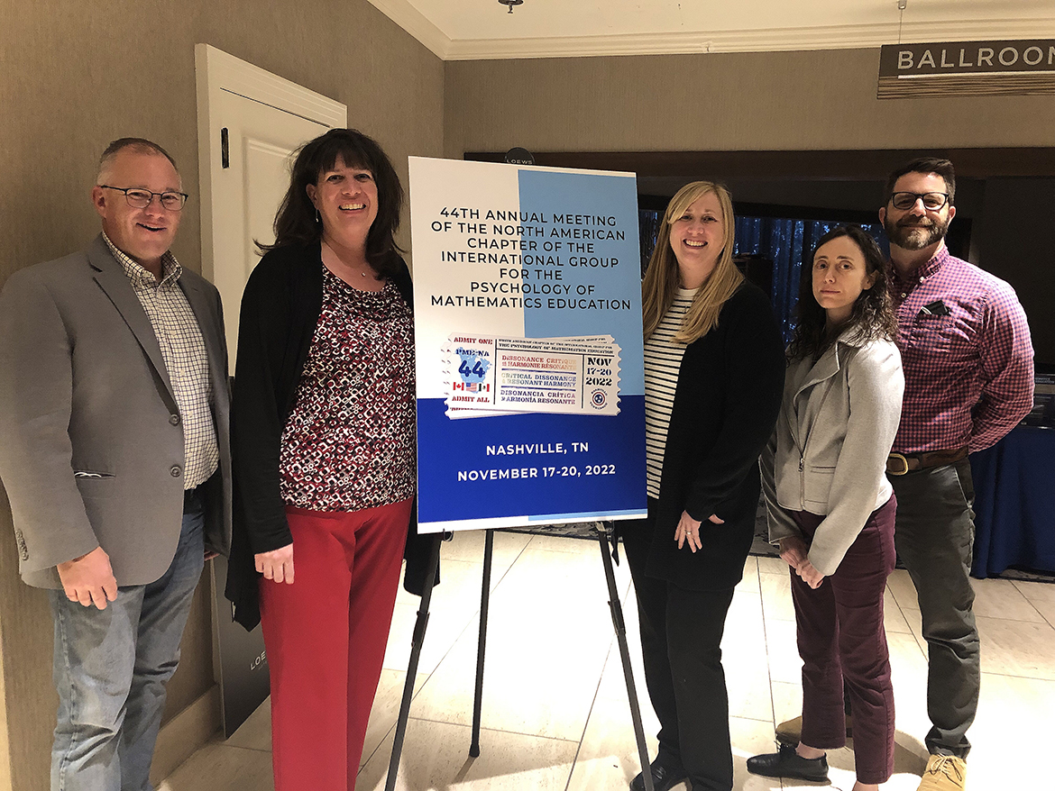 Middle Tennessee State University faculty members Jeremy Strayer, left, Alyson Lischka, Jennifer Lovett, Elizabeth Dyer (now at the University of Tennessee-Knoxville) and Seth Jones hosted and organized the 44th annual meeting of the North American Chapter of the International Group for the Psychology of Mathematics Education at the Loews Vanderbilt Hotel in November in Nashville, Tenn. Also attending and assisting were 17 MTSU Mathematics and Science Education graduate students. (Submitted photo)