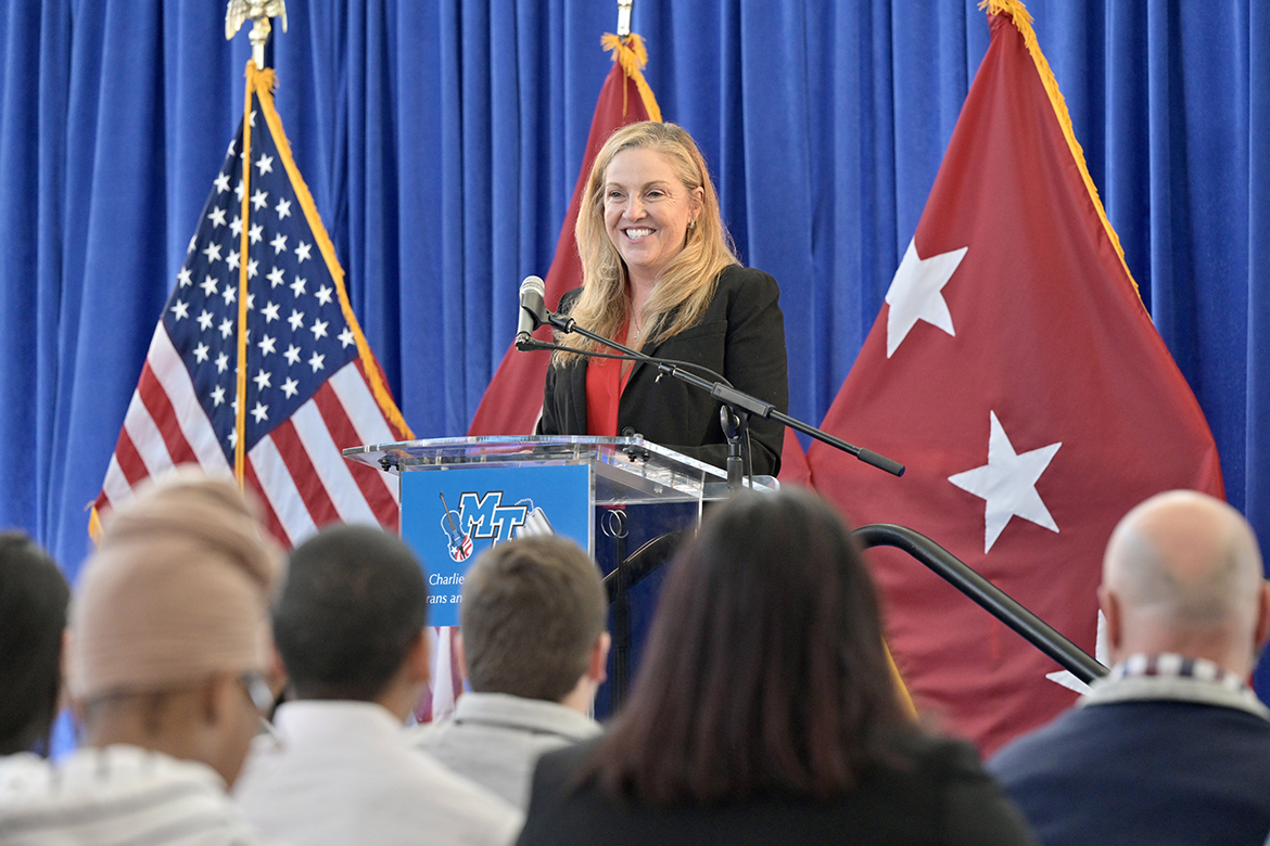 Retired U.S. Air Force Brig. Gen. Ellen Moore delivers a positive message to Middle Tennessee State University senior student veterans Wednesday, Nov. 30, during the Graduating Veterans Stole Ceremony in the Andrew Woodfin Miller Sr. Education Center second-floor atrium on Bell Street. Moore is senior program manager in Workforce Staffing at Amazon in Nashville. She told them “how valuable our military are to employers, how proud you should be of your accomplishments, be a mentor to others and continue your education.” (MTSU photo by Andy Heidt)