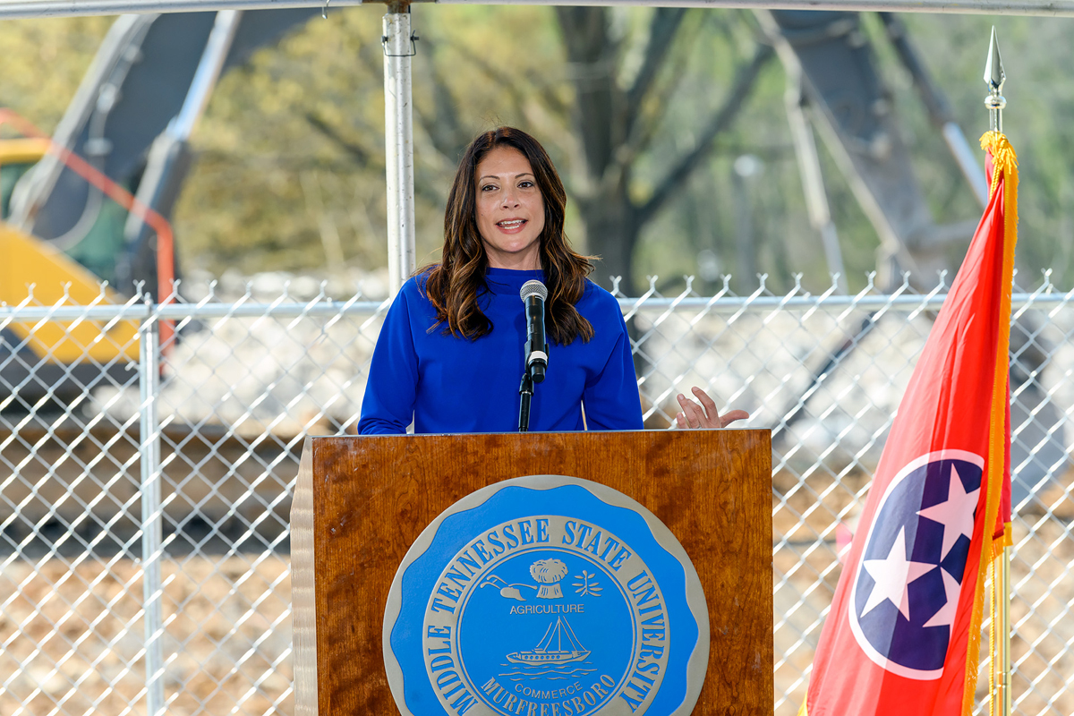 MTSU professor and event emcee Heather Brown shares about the long-awaited groundbreaking event for the School of Concrete and Construction Management Building, held April 6, on tf campus. The recent ACI Joe W. Kelly honoree, Brown's efforts led to state and industry funding for the 54,000-square-foot, $40.1 million facility expects to be completed by Fall 2022. (MTSU file photo by J. Intintoli)