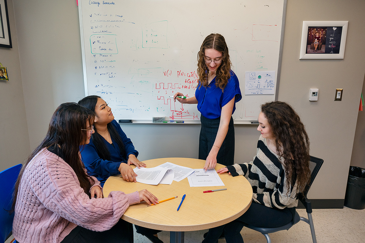 Middle Tennessee State University Department of Physics and Astronomy AMPLIFY Scholar internship and graduate school recipients include, front row from left, Kendra Givens, Ariel Nicastro, Monika Fouad and Pratanna Thamsorn. Back row from left are mentors Hanna Terletska, Neda Nasari and Wandi Ding. Terletska launched the AMPLIFY program last fall and more than a dozen students became involved. (MTSU photo by Andy Heidt)