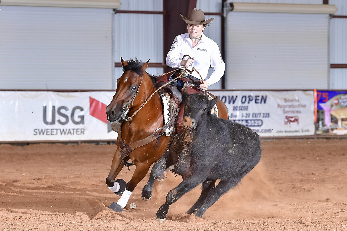 Riding Twentyeleventwister in the Non-Pro Cow Horse category, junior JoBeth Scarlett of New Market, Tennessee, competes for the MTSU stock horse team. (Photo by High Cotton Promotions)
