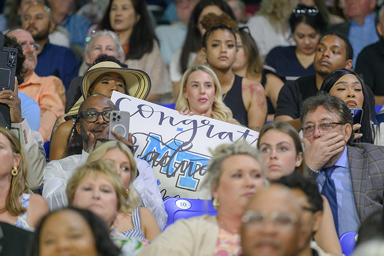 Congratulatory signs like this were scattered among the thousands of family, friends and supporters filling the stands at Middle Tennessee State University during the spring 2025 commencement ceremony held Friday, May 9, inside Murphy Center on the MTSU campus in Murfreesboro, Tenn. (MTSU photo by J. Intintoli)