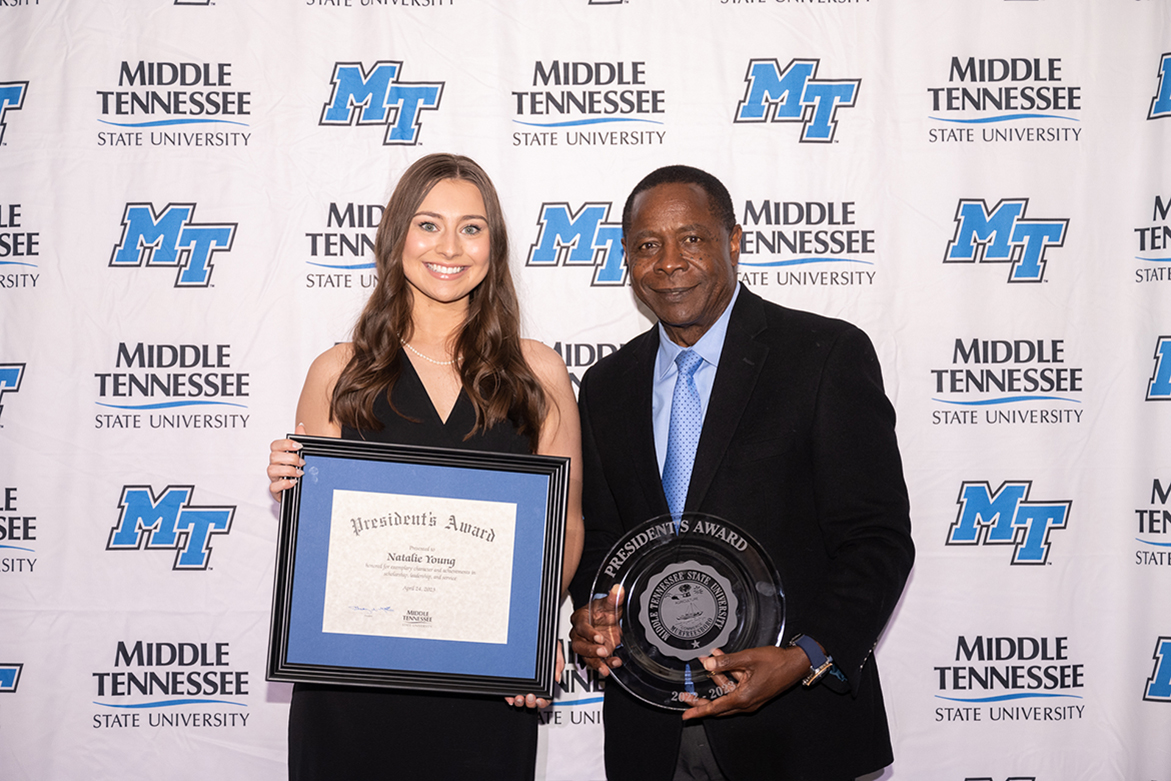 Award during the annual Student Government Association and Center for Student Involvement and Leadership Awards Banquet in the Student Union Ballroom on April 24. A nursing major from New Albany, Miss., Young will be moving to Nashville, Tenn., to be a neonatal intensive care unit nurse at Vanderbilt Children’s Hospital. The student earning this recognition must exemplify superior character and honor and have made achievements that, ideally, all students should strive to meet. (MTSU photo by James Cessna)