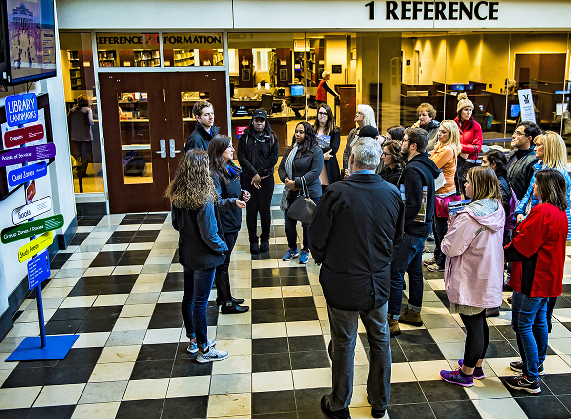 Students visiting MTSU learn about the James E. Walker Library.
