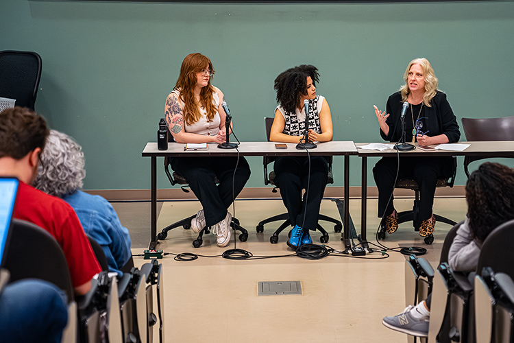 Middle Tennessee State University College of Media and Entertainment Dean Beverly Keel, right, makes a point during a panel discussion March 27 that launched a collaborative multicity college tour titled “Green Room Conversations” about sexual harassment in the music industry led by country music artist Julie Williams, center. The panel was held in MTSU’s College of Education Building in Murfreesboro, Tenn. Also pictured is panelist Maggie Arthur, left, director of Calling All Crows, a partner in the series along with social impact leadership firm The Change Agent·cy. (Photo courtesy of The Change Agent·cy)