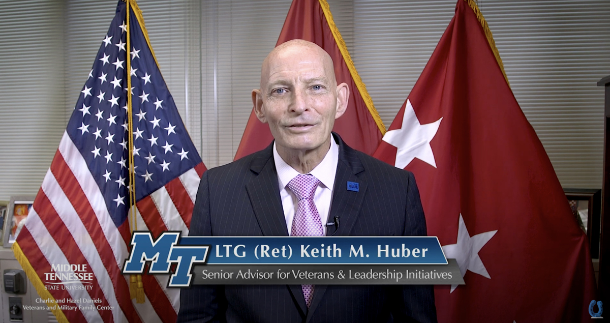 Keith M. Huber, MTSU’s senior adviser for veterans and leadership initiatives, shares about the growth of the Charlie and Hazel Daniels Veterans and Military Family Center and the impact the late Charlie Daniels and his Journey Home Project have had on the center. A special encore presentation of the third annual Veteran Impact Celebration will air at 7 p.m. Tuesday, Dec. 29. (MTSU screenshot)