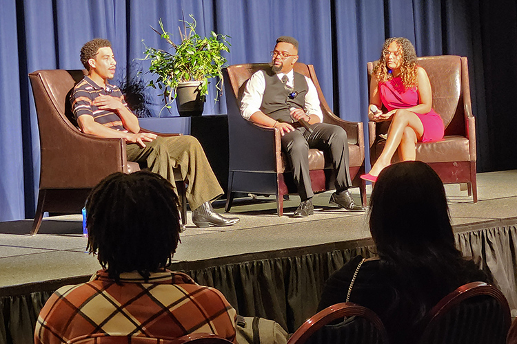 From left, Middle Tennessee State University’s Black History Month keynote speaker Marcus Scribner, best known as Andre “Junior” Johnson in the syndicated comedy series, “Black-ish,” is interviewed on stage Thursday, Feb. 22, by School of Journalism and Strategic Media student Jayden Blair from Nashville, Tenn., center, and Human Development and Family Sciences major Jaliyah Webb of Gallatin, Tenn. (MTSU photo by Jimmy Hart)