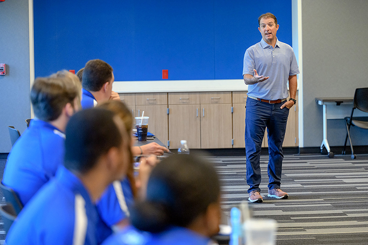 Murfreesboro Mayor Shane McFarland answers a question during the first day of the MTSU Center for Student Involvement and Leadership retreat Wednesday, Aug. 3, at the Murfreesboro Police Department. McFarland is an MTSU alumnus and former student government president. (MTSU Photo by J. Intintoli)