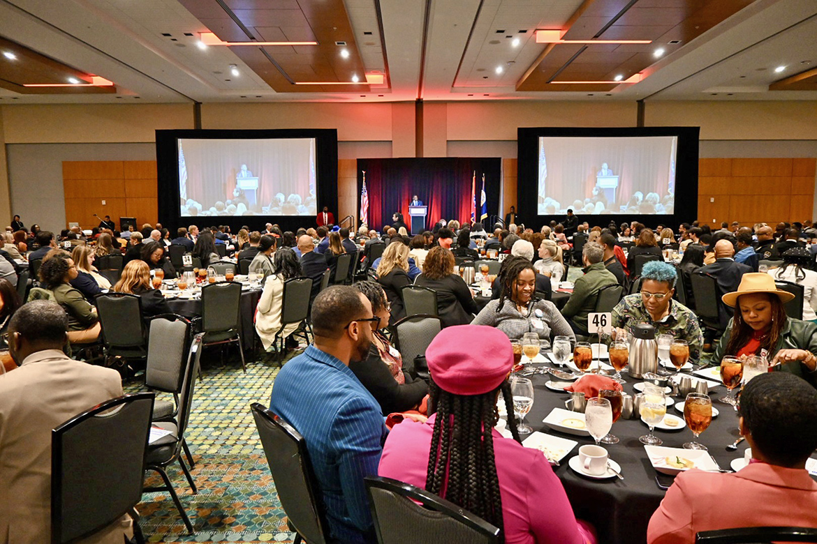 A large crowd listens as Middle Tennessee State University President Sidney A. McPhee gives keynote remarks at the 56th Urban League of Middle Tennessee’s “Equal Opportunity Day” luncheon held Feb. 22 at the Music City Center in Nashville, Tenn. (MTSU photo by Andrew Oppmann)