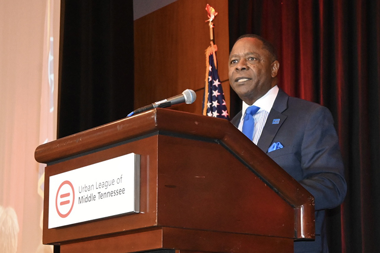 Middle Tennessee State University President Sidney A. McPhee gives keynote remarks at the 56th Urban League of Middle Tennessee’s “Equal Opportunity Day” luncheon held Feb. 22 at the Music City Center in Nashville, Tenn. “It is imperative that we fight for continued access to education for all people,” McPhee told the audience. (MTSU photo by Andrew Oppmann)