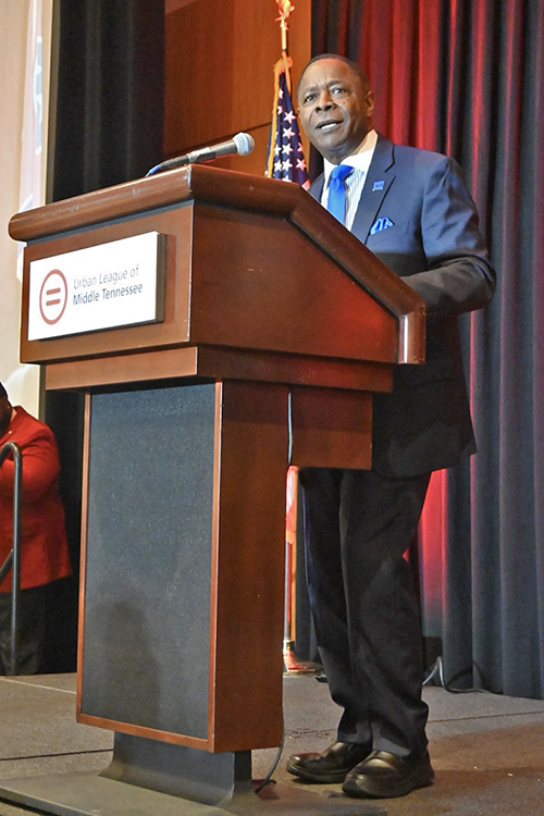 Middle Tennessee State University President Sidney A. McPhee gives keynote remarks to the hundreds in attendance at the 56th Urban League of Middle Tennessee’s “Equal Opportunity Day” luncheon held Feb. 22 at the Music City Center in Nashville, Tenn. (MTSU photo by Andrew Oppmann)