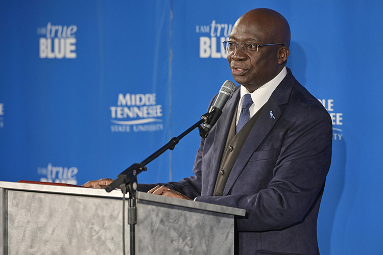 Frank Michello, MTSU finance professor, addresses the crowd after receiving the 2019 John Pleas Faculty Recognition Award at a ceremony held Thursday, Feb. 21, in the Ingram Center at MTSU. The award, given to an outstanding minority faculty member, is named for John Pleas, MTSU Emeritus Professor of Psychology. (MTSU photo by Andy Heidt)
