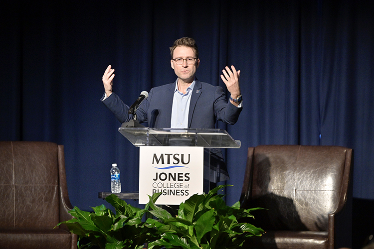 Michael Skipper, executive director of the Greater Nashville Regional Council, gives a presentation at “A Forum on Growth and Challenges in Middle Tennessee” held March 15 in the James Union Building’s Tennessee Room at Middle Tennessee State University in Murfreesboro, Tenn. (MTSU photo by Andy Heidt)