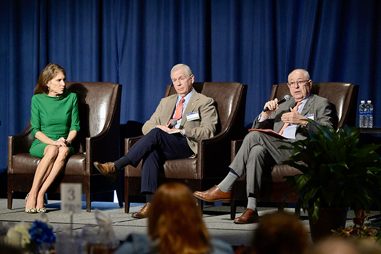 Franklin, Tenn., Mayor Ken Moore, far right, answers a question at “A Forum on Growth and Challenges in Middle Tennessee” held March 15 in the James Union Building’s Tennessee Room at Middle Tennessee State University in Murfreesboro, Tenn. Also participating is Clarksville Mayor Joe Pitts, center, and Gallatin Mayor Paige Brown. (MTSU photo by Andy Heidt)