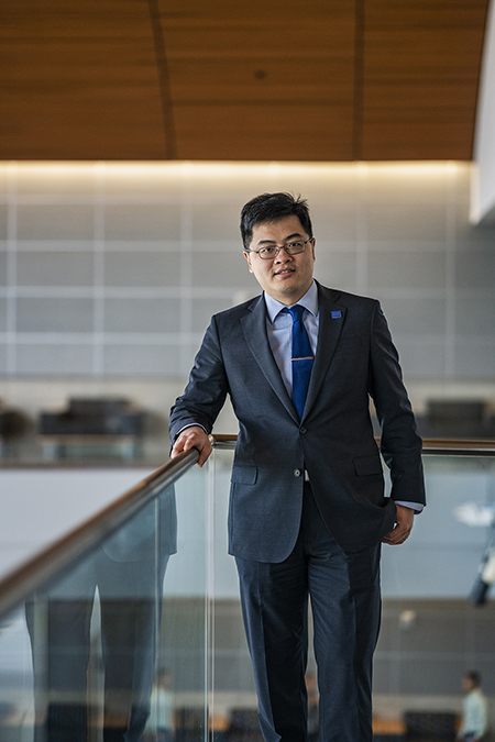 Mike Zhang, Middle Tennessee State University assistant professor and researcher, is currently working on three concurrent chemistry research projects with funding totaling almost $800,000 and poses for a photo in the Science Building Atrium on Friday, Feb. 24, 2023. (MTSU photo by Andy Heidt)