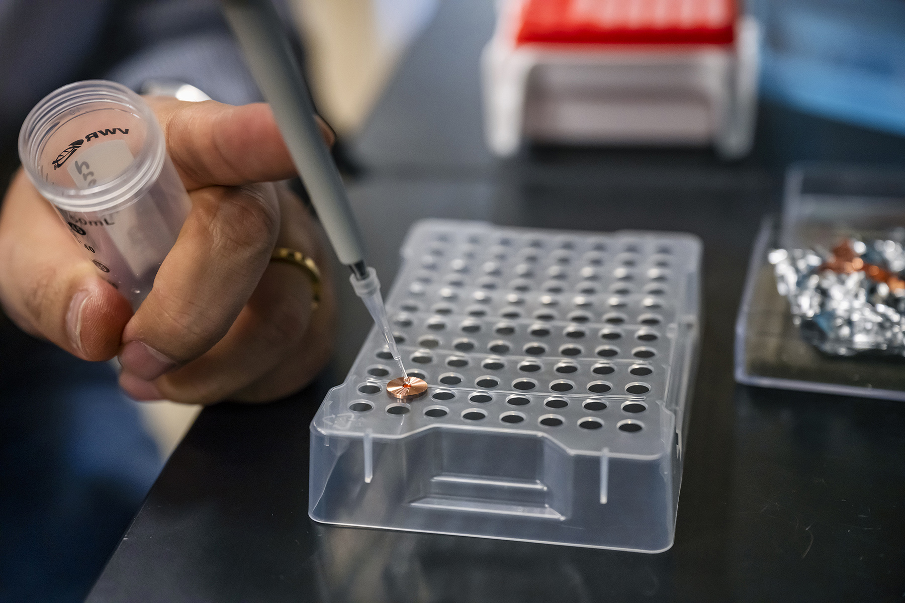 Mike Zhang, Middle Tennessee State University assistant professor and researcher, works on one of his three concurrent chemistry research projects in his lab at the Science Building on campus on Feb. 9, 2023. (MTSU file photo by Andy Heidt)
