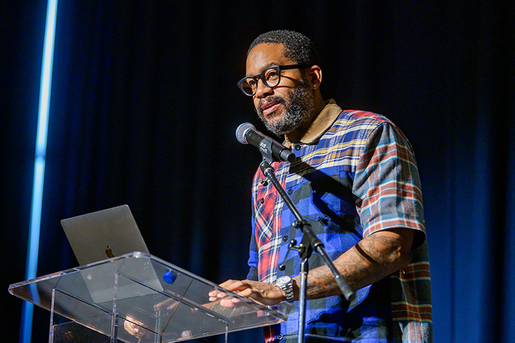 Pulitzer Prize-winning author Mitchell Jackson speaks Oct. 6, 2021, in the Tennessee Room of the James Union Building as part of the Pulitzer Prize Lecture Series sponsored by the John Seigenthaler Chair of Excellence in First Amendment Studies, the College of Media and Entertainment and the Free Speech Center at MTSU. (MTSU photo by Andy Heidt)