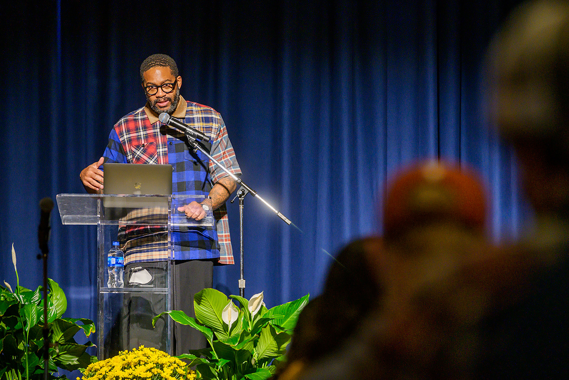Pulitzer Prize-winning author Mitchell Jackson shares his writing philosophies as part of Oct. 6, 2021, talk in the Tennessee Room of the James Union Building as part of the Pulitzer Prize Lecture Series sponsored by the John Seigenthaler Chair of Excellence in First Amendment Studies, the College of Media and Entertainment and the Free Speech Center at MTSU. (MTSU photo by Andy Heidt)