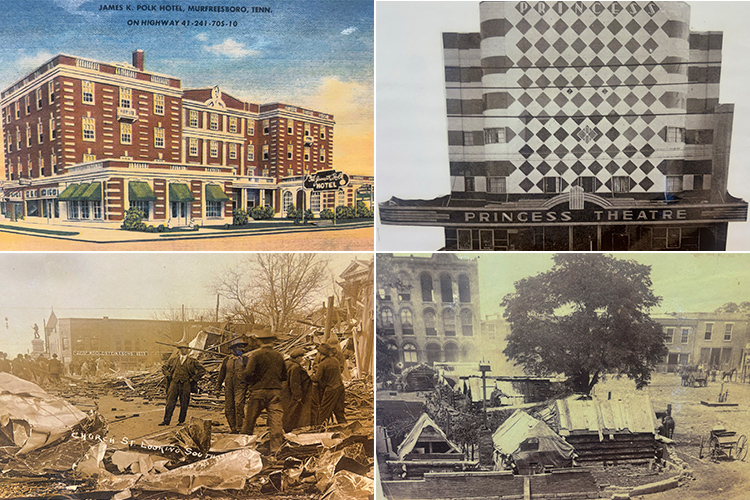 Participants in the Middle Tennessee State University’s Lifelong Learning Program set for 9 a.m. to noon Wednesday, Aug. 20, will get to tour the Heritage Center, 225 W. College St. in Murfreesboro, Tenn., and peruse images highlighting local history like these scenes, clockwise from top left, the James K. Polk Hotel, which once stood at the corner of Spring and East Main streets; the Princess Theater, located on the Public Square; a Union Army encampment in front of the Rutherford County Historic Courthouse on the Square (circa 1860s); and a scene from the aftermath of an F-3 tornado that hit downtown in 1913. (Photos courtesy the MTSU Center for Historic Preservation)