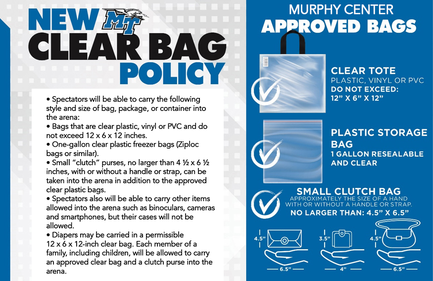 Graphic outlining Murphy Center's clear bag policy.