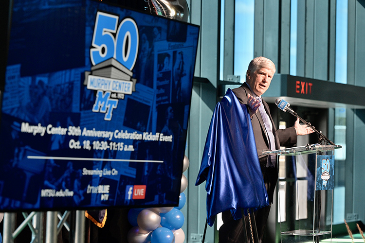 MTSU Athletics Director Chris Massaro thanks Blue Raider fans for their support Tuesday, Oct. 18, to the kickoff event on the track concourse of the Murphy Center at Middle Tennessee State University for a yearlong celebration of the 50th anniversary of the iconic building, known affectionately as “The Glass House” and recently undergoing almost $6 million in renovations. (MTSU photo by Andy Heidt)