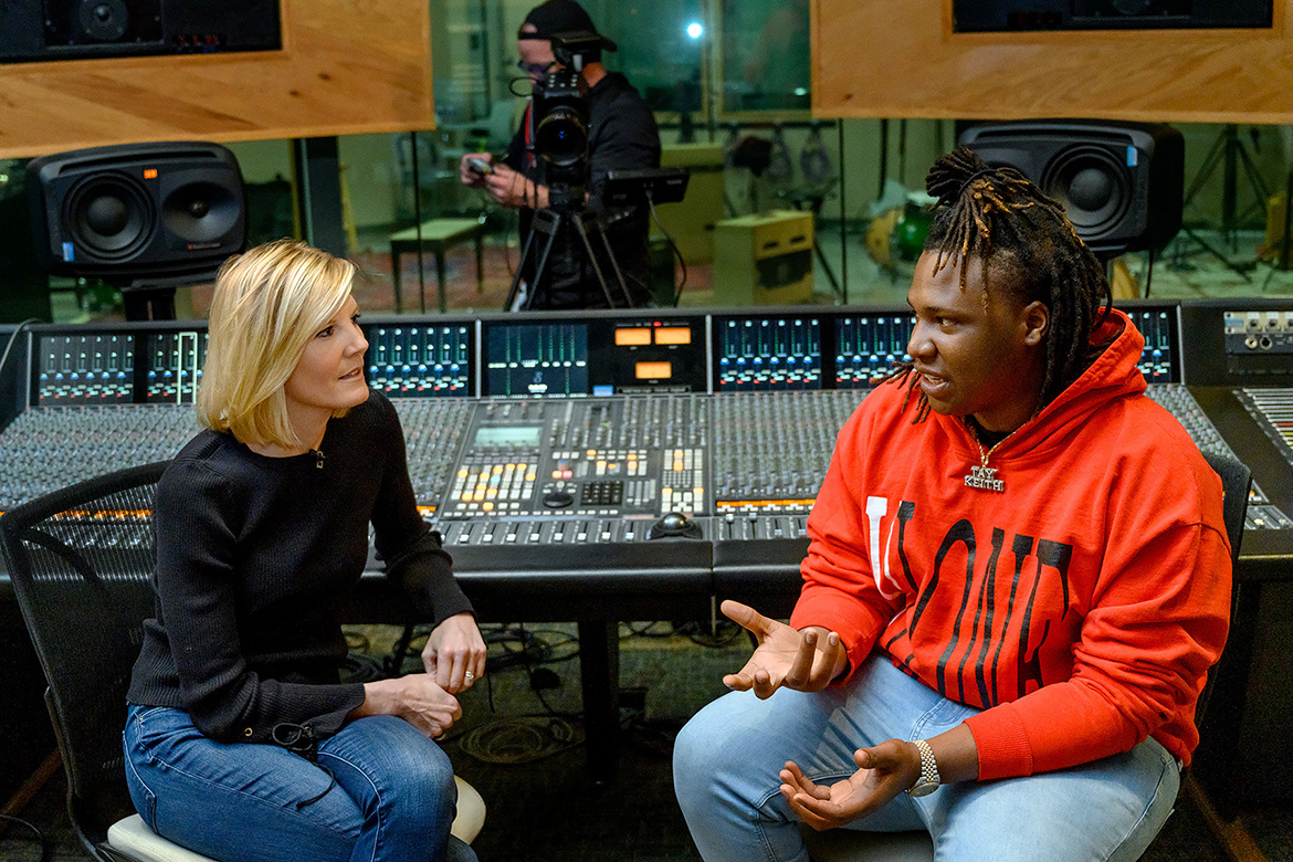 Journalist Kate Snow, anchor of NBC Nightly News Sunday and senior national correspondent, interviews MTSU alumnus and rising music producer BryTavious "Tay Keith" Chambers inside a recording studio at the Bragg Media and Entertainment Building in late January. The segment about MTSU’s Department of Recording Industry, its successful alumni and annual Grammy Awards outreach aired Sunday, Feb. 10, before the Grammys telecast on CBS. (MTSU photo by J. Intintoli)