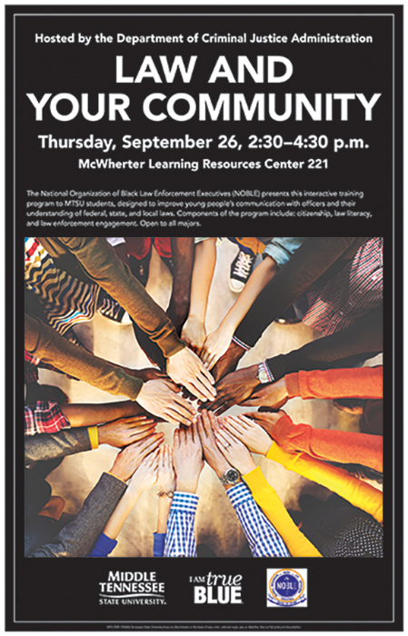 poster for the National Organization of Black Law Enforcement Executives (NOBLE) fall 2019 workshop, conducted by MTSU’s Department of Criminal Justice Administration