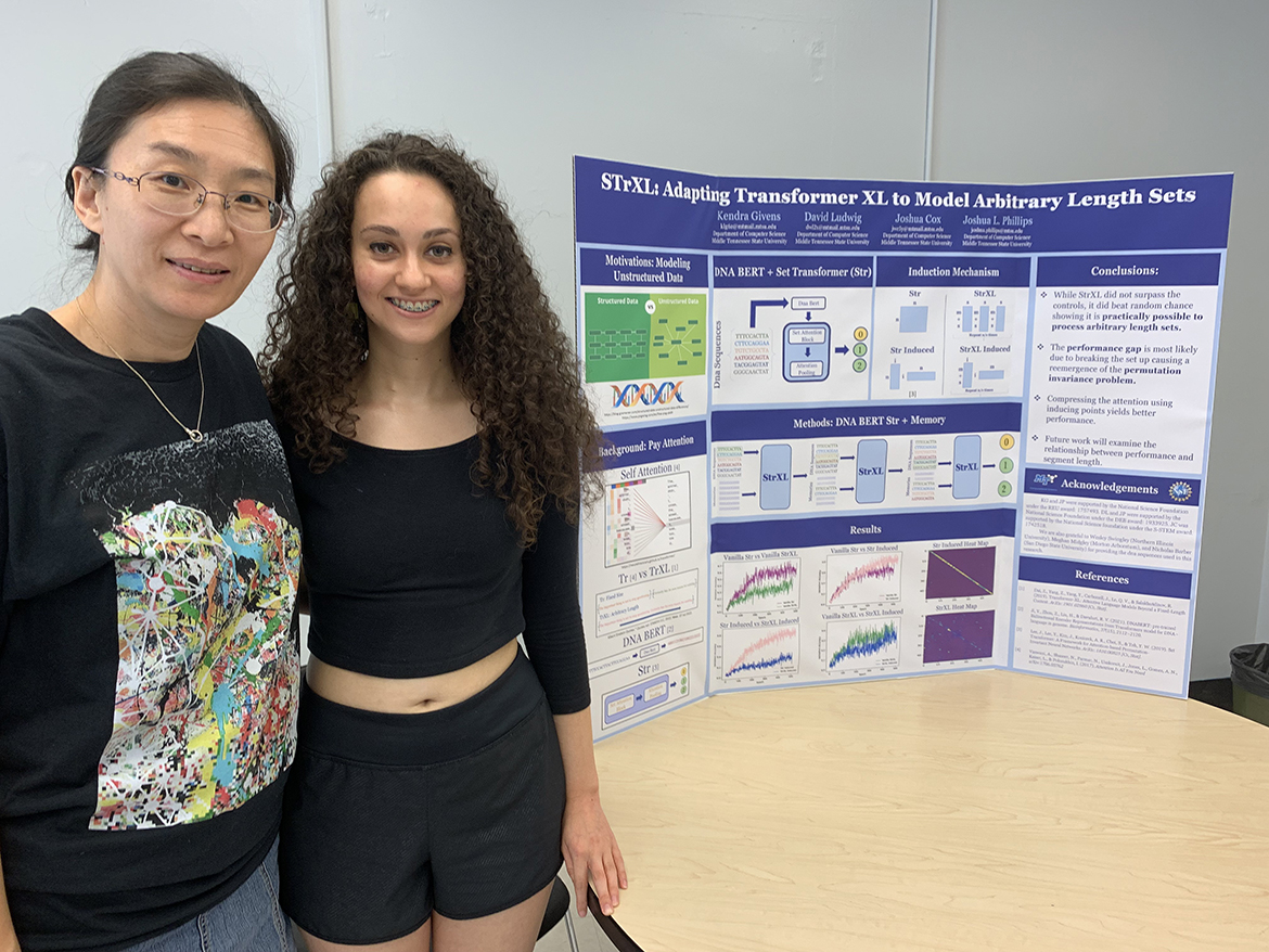 Mentor Wandi Ding, left, and MTSU junior computer science major Kendra Givens of Murfreesboro, Tenn., pose with the research project poster Givens created from her summer National Science Foundation Research Experiences for Undergraduates project. Givens and students from other colleges and universities were mentored by MTSU faculty during eight and nine weeks of study on campus. It wrapped up Friday, July 29, with a poster session. (MTSU photo by Randy Weiler)