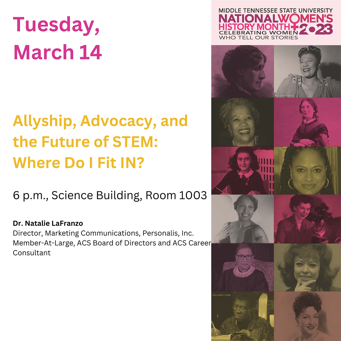 Graphic for MTSU National Women's History Month event featuring Dr. Natalie LaFranzo.